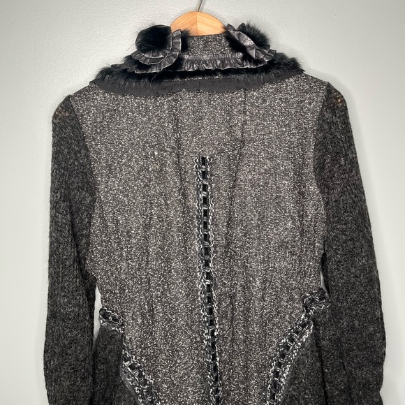 NWT Dolce Cabo Rabbit Fur Trimmed Elegant Floral Embellished Long Cardigan - Picture 8 of 14